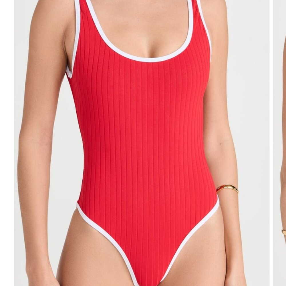 SOLID & STRIPED Red Ribbed One-Piece Swimsuit with White Trim